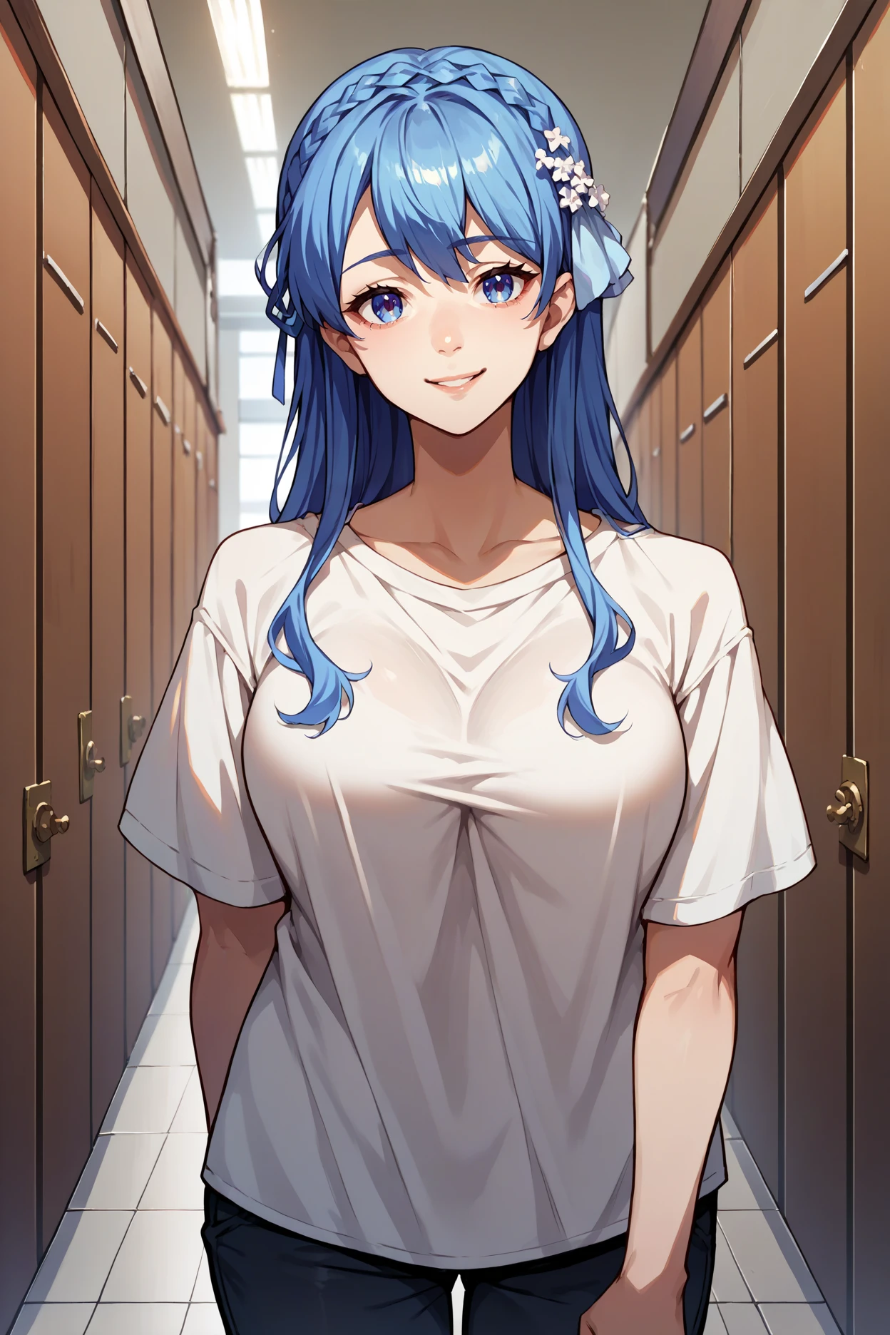 score_9, score_8_up, score_7_up, score_6_up, source_anime, 1girl, solo  <lora:junadoma-pdxl-nvwls-v1-000006:0.9> juna doma, blue hair, blue eyes, braid, hair flower, hair ribbon, large breasts, white t-shirt, black pants, looking at you, indoors, hallway, tired, smile