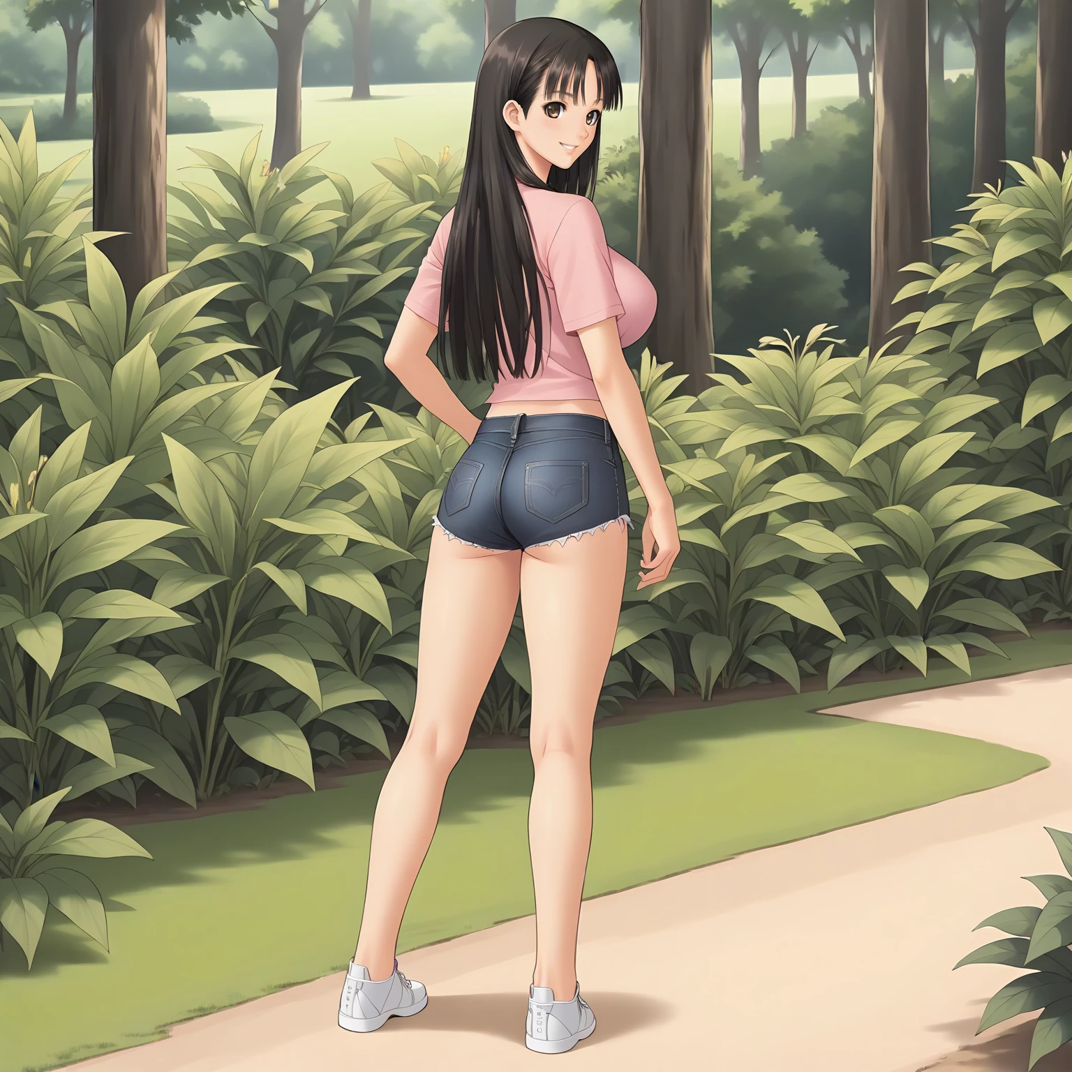 <lora:SnIMnI_AsaMizushimaXLpony006>,
smile,
solo,
AsaMizushima,1girl,black hair,long hair,brown eyes,
large breasts,
pink shirt,short_sleeves,
navel,
denim shorts,
outdoors,
full body,standing,looking back,