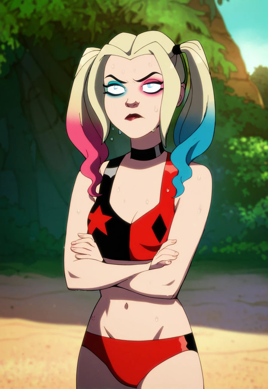 score_9_up, score_8_up, score_7_up, <lora:Harley_PDXL_by_paprikalem:0.9>, harley quinn, blonde hair, twintails,medium breasts, red bikini, sweat, sweatdrop, wet, steaming body, standing, crossed hands, bored, front view, solo, outdoors, beach, high quality