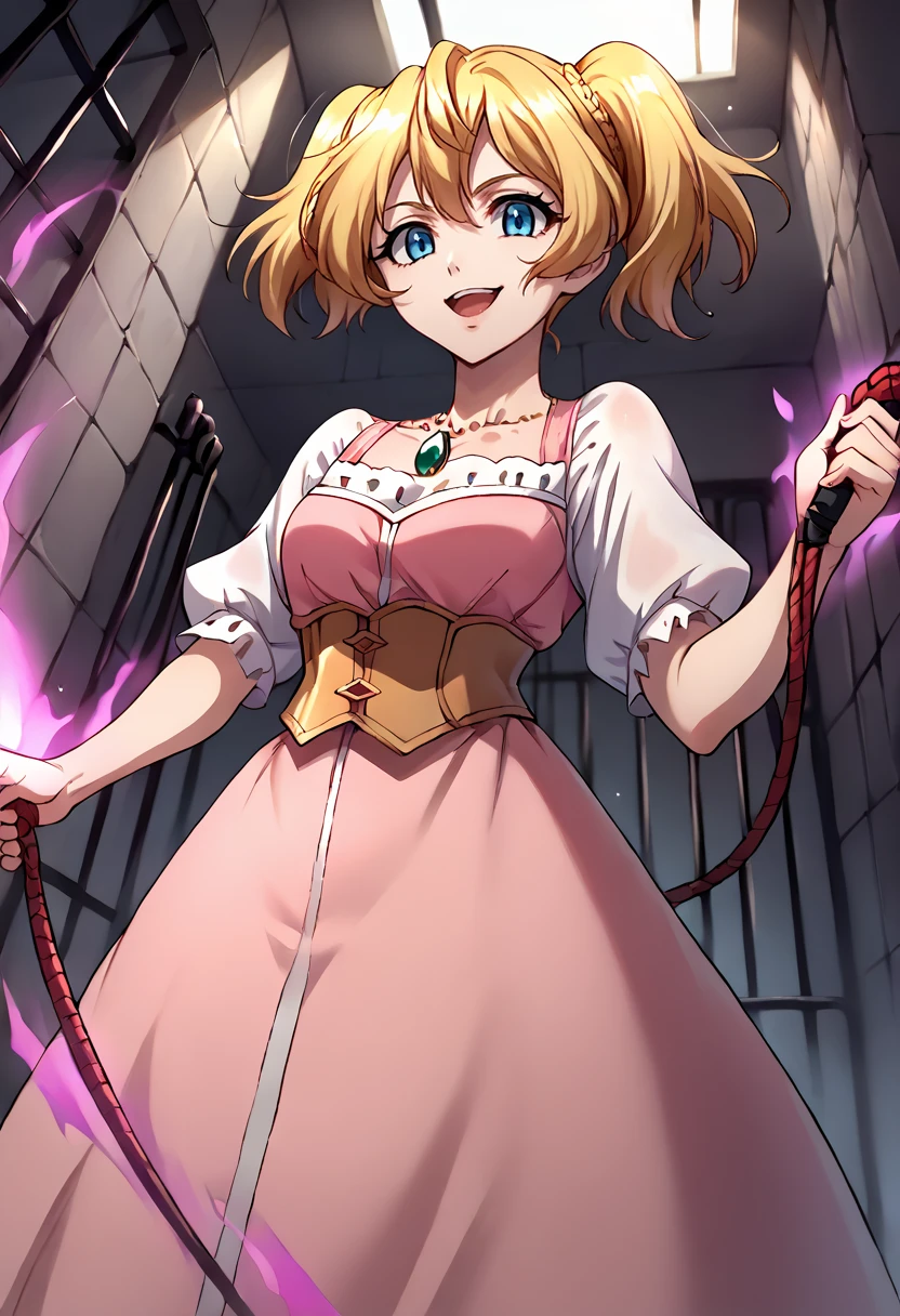 score_9, score_8_up, score_7_up, source_anime BREAK 1girl, solo, crossange_silvia, from below, <lora:Dark_Smoky_Aura:0.9> SmokeyAura, aura, smoke, holding whip, pink dress, puffy short sleeves, long skirt, corset, collarbone, pendant, blonde hair, short twin tails, bangs, blue eyes, (looking at viewer:1.2), evil smile, (shaded face:0.5), open mouth, prison, indoor <lora:crossange_silvia:0.9>