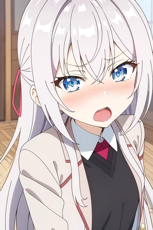  1girl, white hair, long hair, girl, anime girl, blue eyes, white-lilac hair with shine, beautiful thighs, shiny skin, blush, tsundere, brown eyelashes, medium breasts, shine white skin, long legs, slim waist, defined body, realistic hair, open mouth, close teeth, fullbody