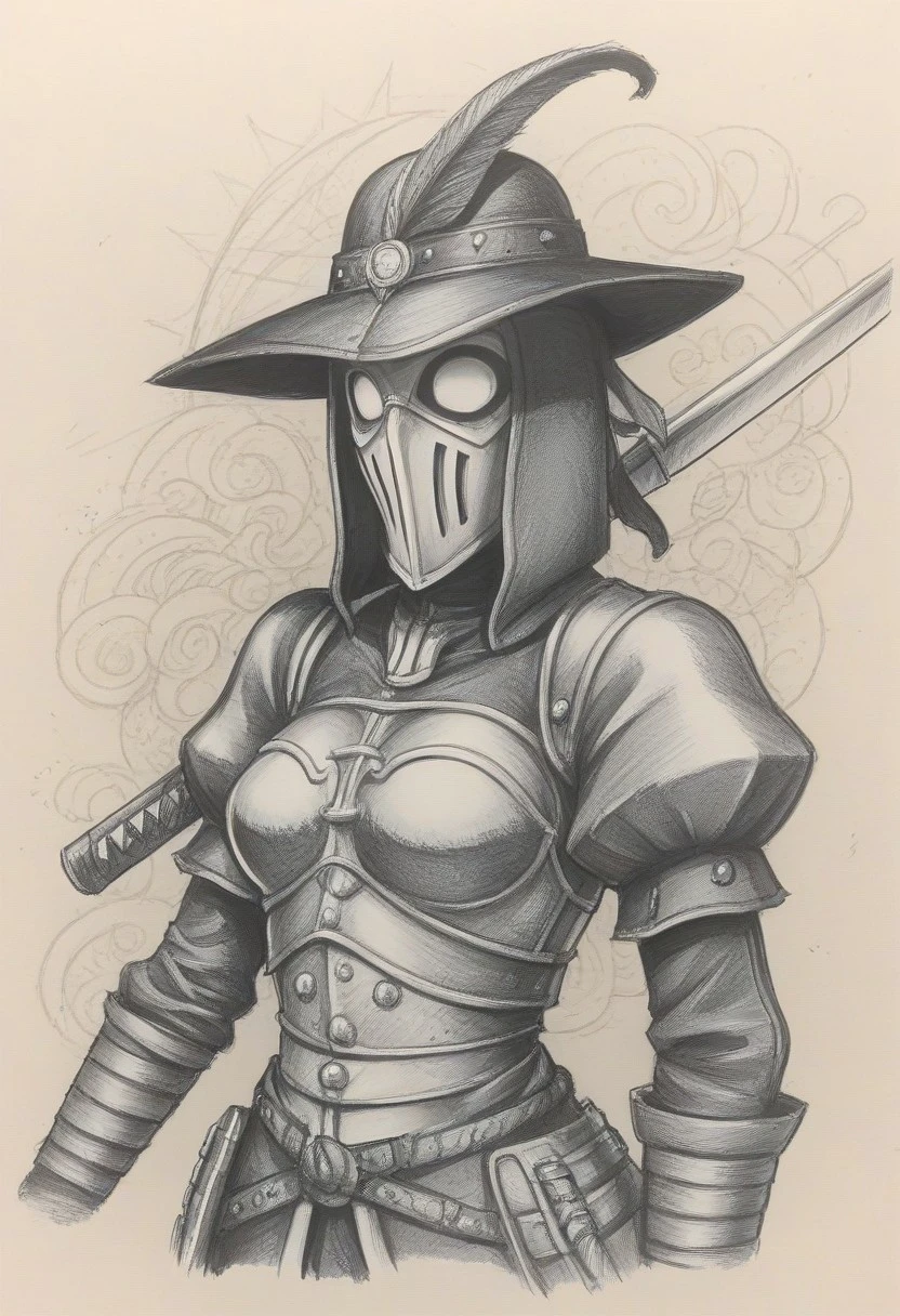 proto_tat, evang, tattoo_style, 1girl, sepia, monochrome, traditional media, brown theme, hat, armor, 1girl, puffy sleeves, sketch, textured background, plague doctor, mask, landsknecht, weapon, sword, hat, armor, 1girl, puffy sleeves,