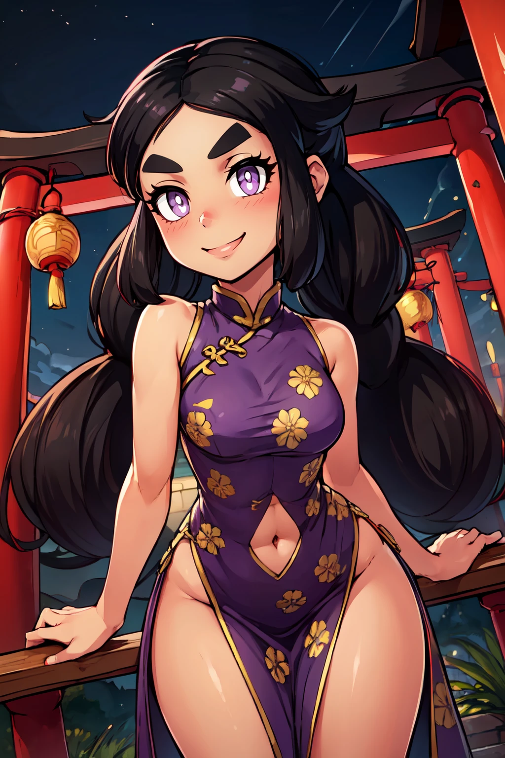 ((masterpiece,best quality)), absurdres,  BREAK, , <lora:Hapu_Pokemon:0.8>, zzHapu, long hair, black hair, twintails, thick eyebrows, dark skin, purple eyes, bright pupils, eyelashes, , BREAK,  china dress, pelvic curtain, side slit, sleeveless, print dress, covered navel, no panties, outdoors, night, torii, shrine, east asian architecture, leaning forward, hand on own thigh, from above,, BREAK, solo, smile, looking at viewer, cowboy shot,