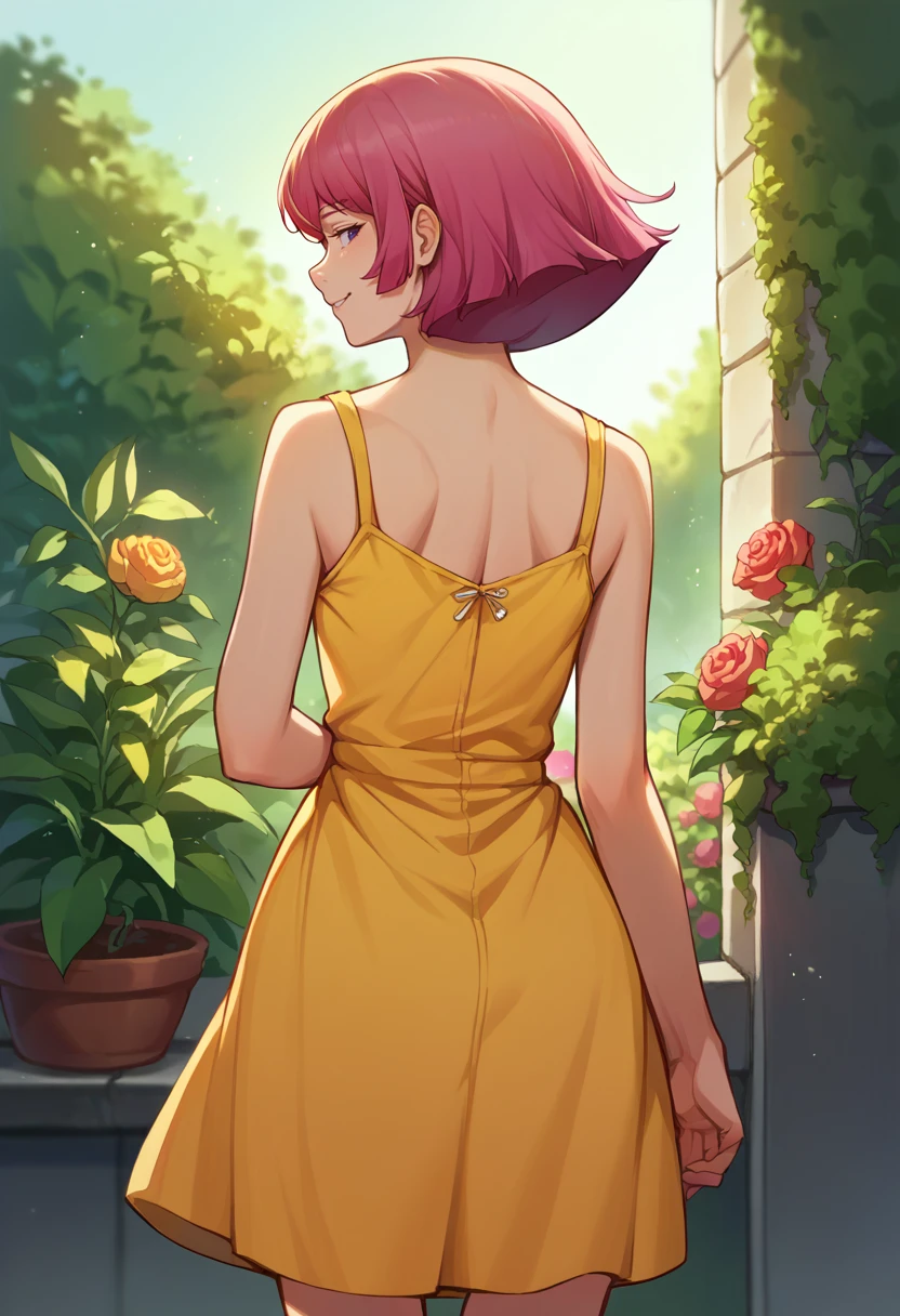 score_9, score_8_up, source_anime, 1girl, solo, HamanKarn, short hair, from behind, yellow sundress, garden, day, sunshine, smile, looking back, <lora:ChamHamanKarnPonyXL:1>