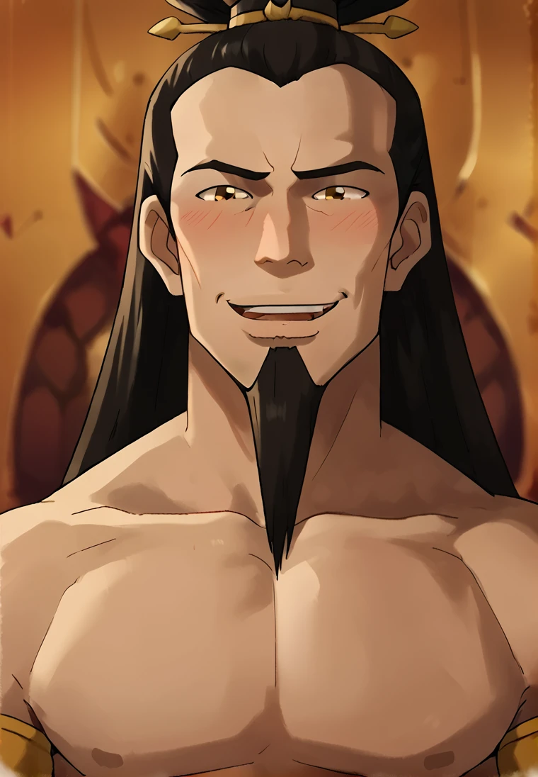 score_9, score_8_up, score_7_up, score_6_up, male, portrait, <lora:Firelord_Ozai_Avatar_the_last_Airbender_PonyXL:1> long hair, black hair, happy,  <lora:add_detail:1>, yellow eyes, goatee, muscular, pecs, bashful, blushing, <lora:mentaiko:0.4>