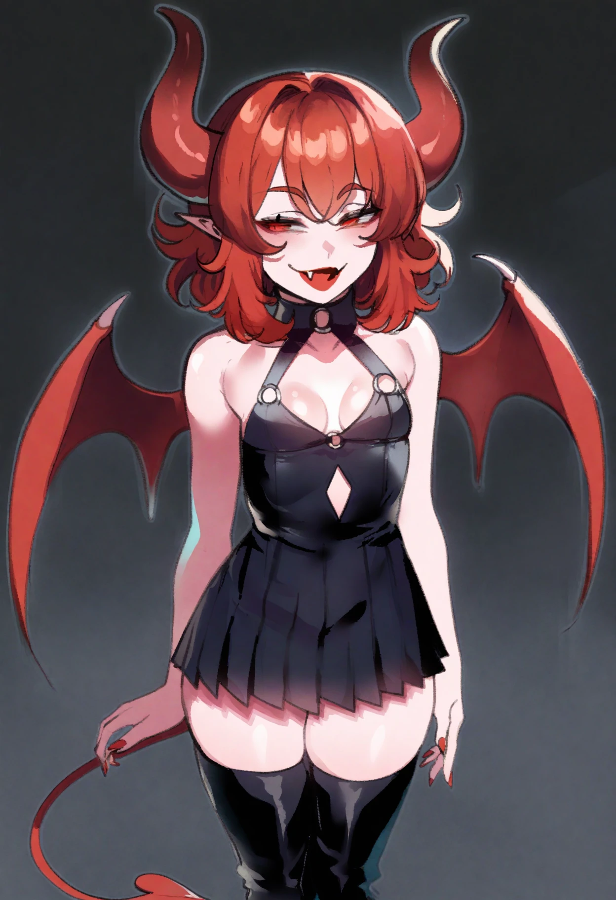 score_9 BREAK <lora:thiccwithaq v2.0 style -000030:1>,thiccwithaq,demon girl,1girl,solo,small breasts,cleavage,bare shoulders,black pleated dress,thigh boots,medium hair,red hair,bangs,red eyes,half-closed eyes,fang,evil smile,demon wings,demon horns,demon tail,standing,