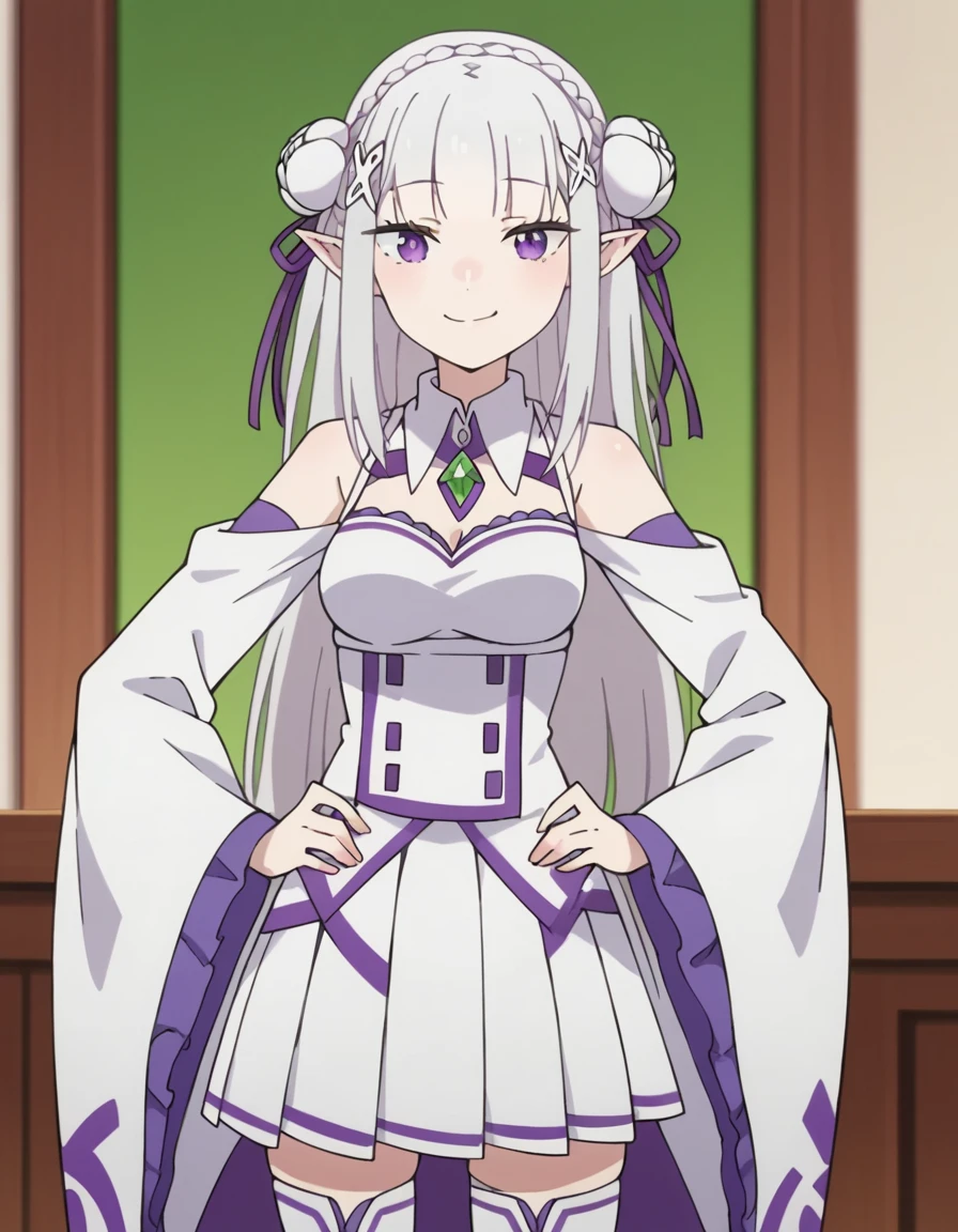 score_9, score_8_up, score_7_up, source_anime, <lora:rezero-emilia-s3-leak-ponyxl-lora-nochekaiser:1>, emilia, braid, crown braid, flower, hair flower, hair ornament, hair ribbon, long hair, pointy ears, purple eyes, white hair, x hair ornament,, detached collar, detached sleeves, frilled sleeves, frills, long sleeves, miniskirt, pleated skirt, ribbon, skirt, thighhighs, white skirt, white sleeves, white thighhighs, wide sleeves, zettai ryouiki,, indoors, smug, smile, looking at viewer, solo, hands on hips,, cowboy shot, dutch angle