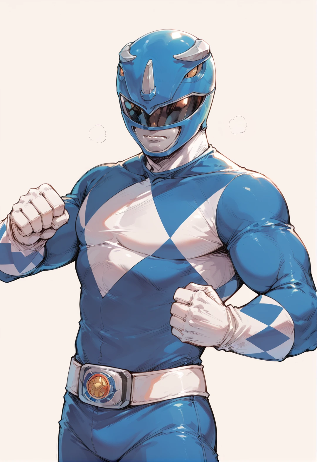 (score_9:0.9),score_8_up,score_7_up,rating_safe,anime style,(zPDXL),<lora:Blue Power Ranger ponyXL v2.1:0.78>,1boy, solo, blue motorcycle helmet, muscular, white gloves, white background, clenched hands, simple background, blue bodysuit, blue power ranger, visor