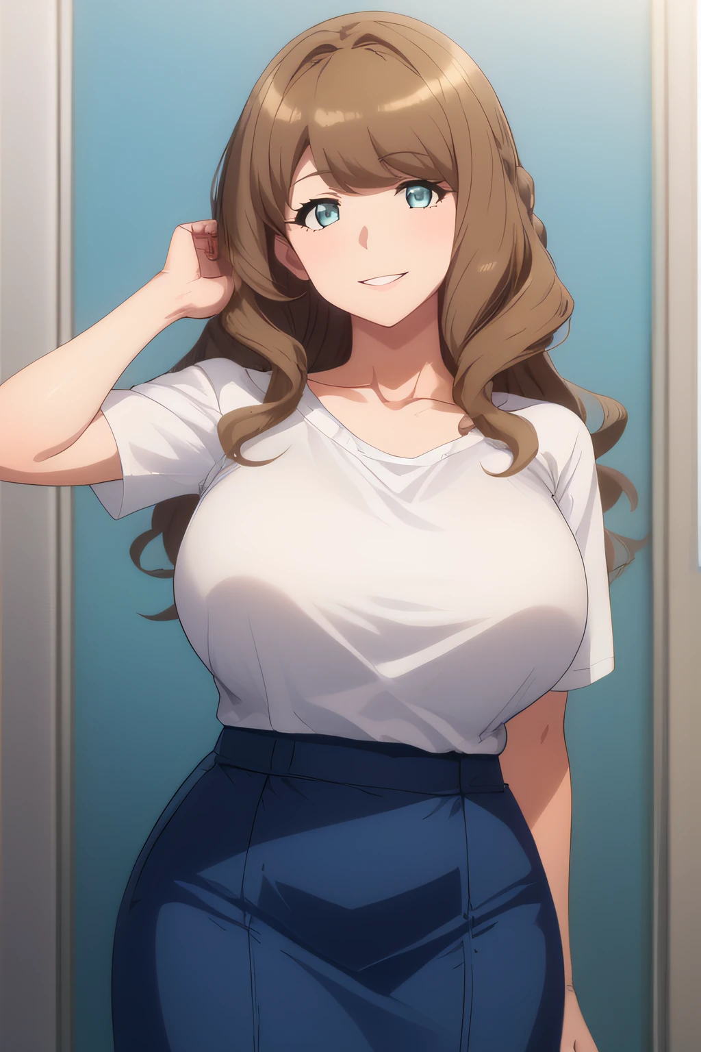 score_9, score_8_up, score_7_up, source_anime, rating_safe, intricate details, 1girl, <lora:PONY_Ayami:1>, ayami, brown hair, long hair, cowboy shot, looking at viewer, smile, huge breasts, hand on hair, white shirt, blue skirt, short sleeves, collarbone, parted lips<lora:A_Vivid_PonyDif:1>, vividpony, indoor