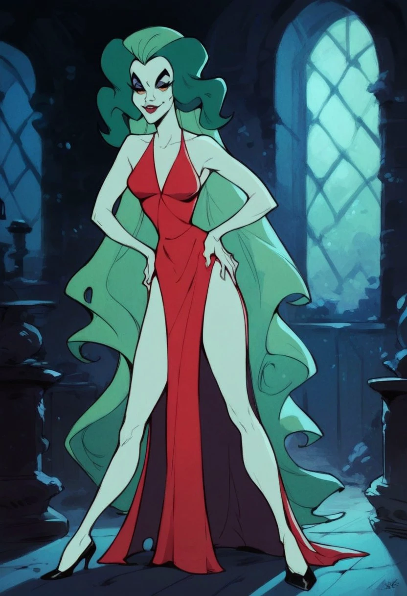 score_9_up, score_8_up, score_7_up, score_6_up, solo, apparitia, female ghost, (long veil), green hair, red dress, high heels, standing in a (spooky old mansion), hands on hips, sexy smile, (painted art), (realistic)