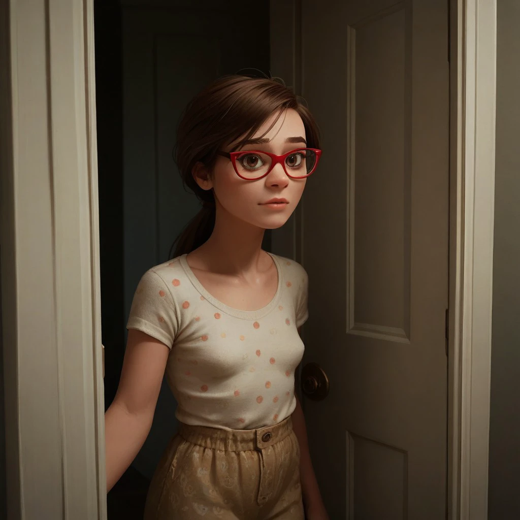 score_9, score_8_up, score_7_up, score_6_up, score_5_up, score_4_up, 1girl, Ji_llA, red framed eyewear, ponytail, portrait, small saggy breasts, older woman, leaning against a doorway, sexy pose, beautiful eyes