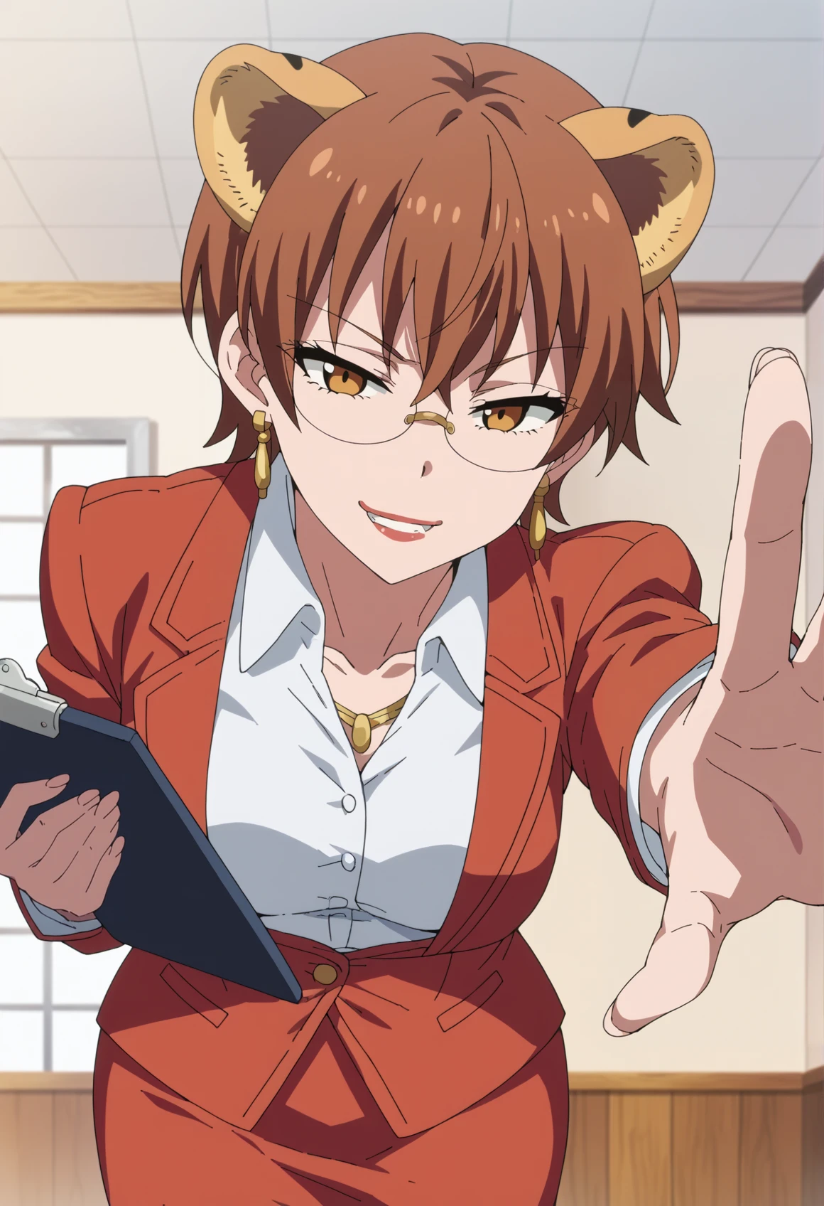 1girl, solo, short hair, brown hair, brown eyes, animal ears, tiger ears, collared shirt, white shirt, red blazer, red skirt, pencil skirt, bent over, holding clipboard, reaching towards viewer, parted lips, lipstick, rimless eyewear, necklace, earrings, anime screencap, indoors, dojo, seductive smile, half-closed eyes, close-up <lora:taiga_fate_xl:0.8> <lora:Carnival:1>, score_9, score_8_up, score_7_up, score_6_up, score_5_up, score_4_up, BREAK source_anime, masterpiece