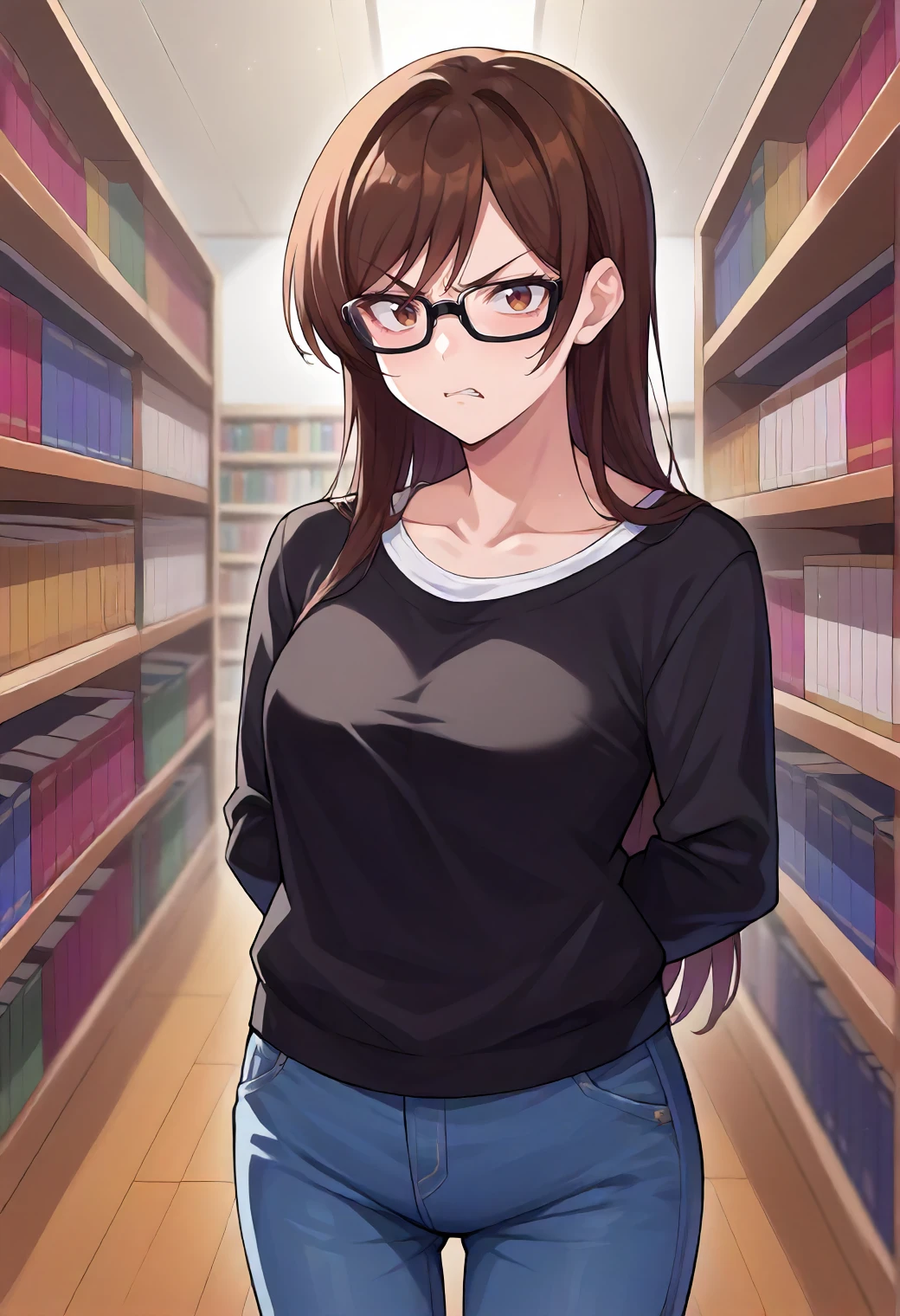 score_9, score_6_up, source_anime, 1girl, solo, library, chizuru, long hair, brown hair, brown eyes, black sweater, white shirt, collarbone, jeans, black-framed eyewear, [angry]<lora:rent_a_girlfriend_XL:1>