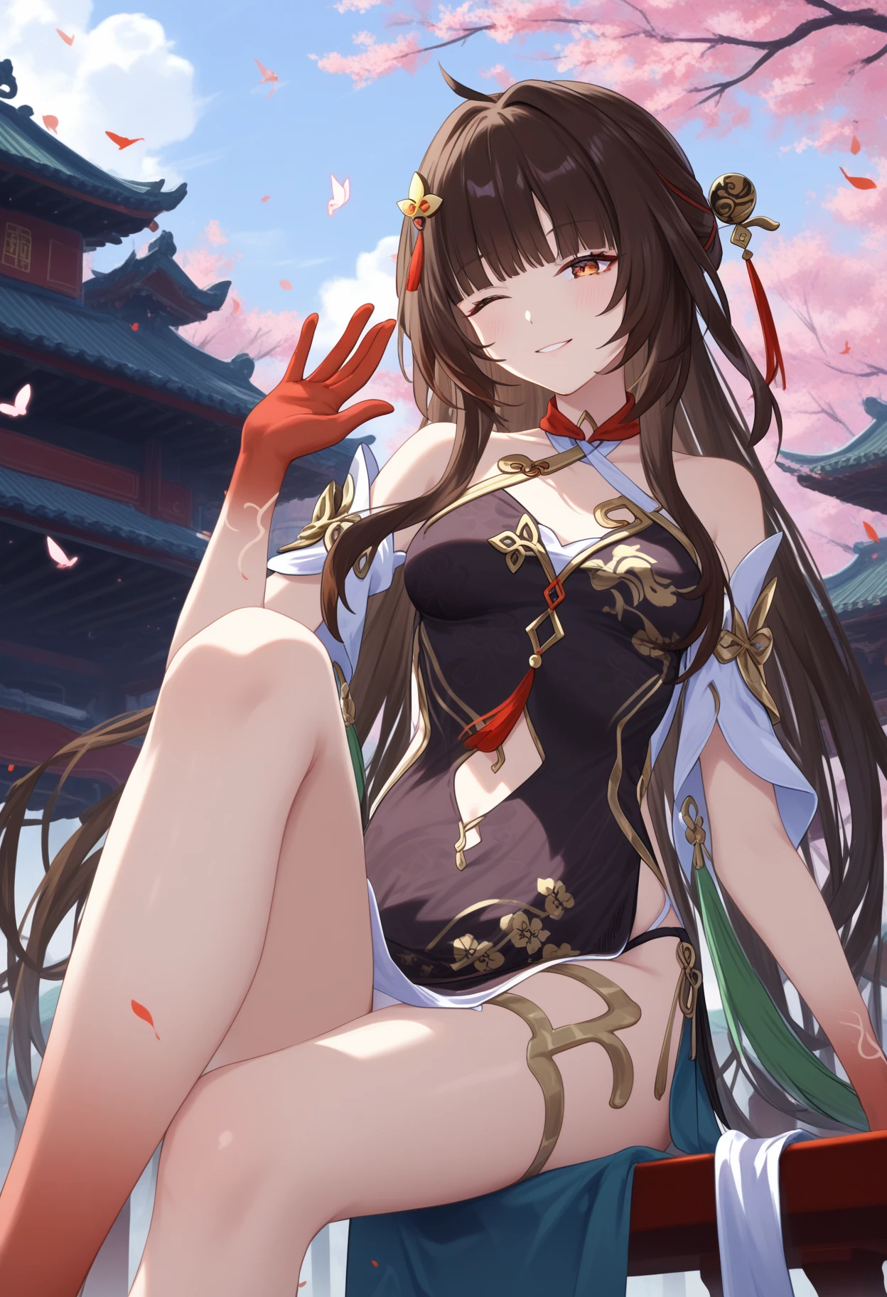 score_9, score_8_up, score_7_up, rating_explicit,
BREAK best quality, masterpiece, realistic, uncensored, spread legs,
1girl, solo, crossed legs, 
<lora:lingshaFinal:0.8>, shlingsha, long hair, bangs, hair ornament, breasts, bare shoulders, china dress, chinese clothes, panties, 
jewelry, clothing cutout, 
red gloves, red eyes, brown hair, black dress, black footwear, red_feet, waving, 
looking at viewer, smile, half-closed eyes, seductive smile, one eye closed,