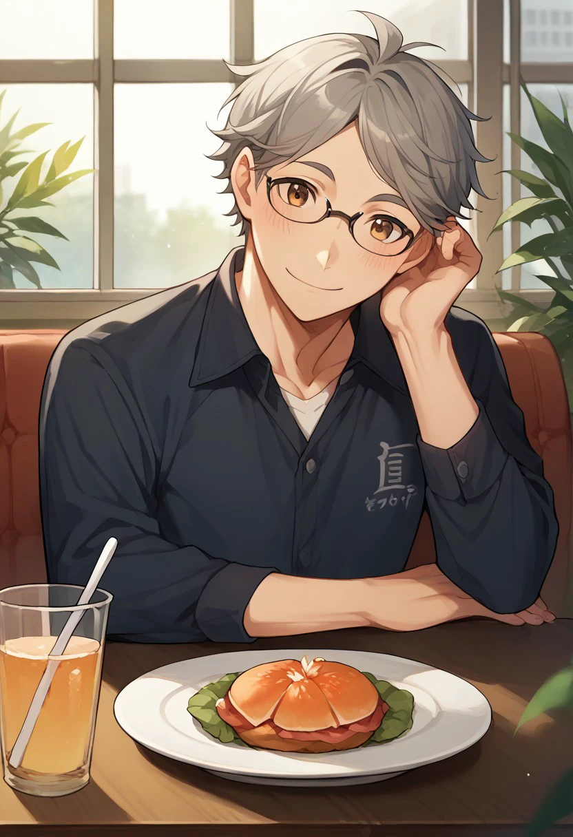 score_9, score_8_up, score_7_up, source_anime, rating_safe, table, Kosaikyu, grey hair, 1boy, male focus, casual clothes, glasses, smile, blush, head tilt, blurry indoor restaurant, table, food on plates, plant, window, hands with five fingers, cute wallpaper,