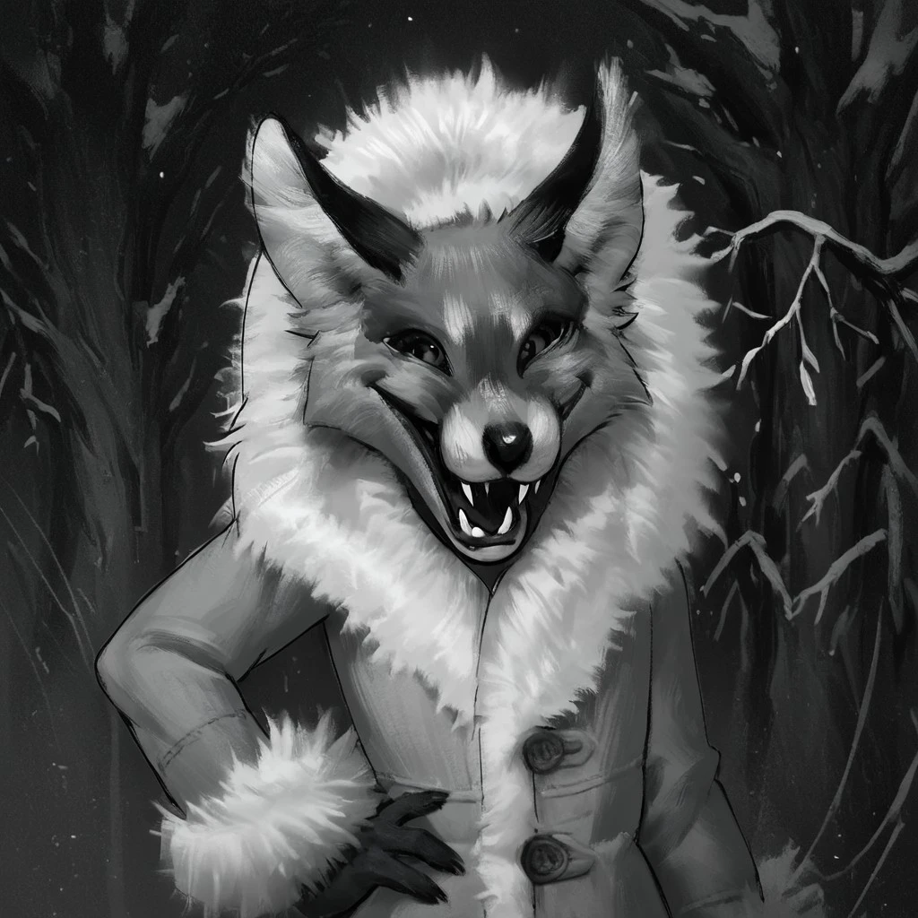 score_9, score_8_up, score_7_up, score_6_up, score_5_up, furry, 1girl, monochrome, looking at viewer, upper body, open mouth, fangs, tail, smile, animal, tree, solo, sharp teeth, full body, hand on hip, coat