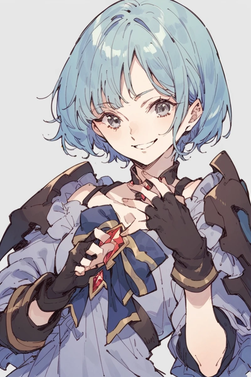 score_9, score_8_up, score_7_up, score_6_up,
 <lora:Komagawa_Uta:0.9> uta, uta, 1girl, solo, smile, short hair, fingerless gloves, looking at viewer, blue hair, dress, grey eyes, reflector