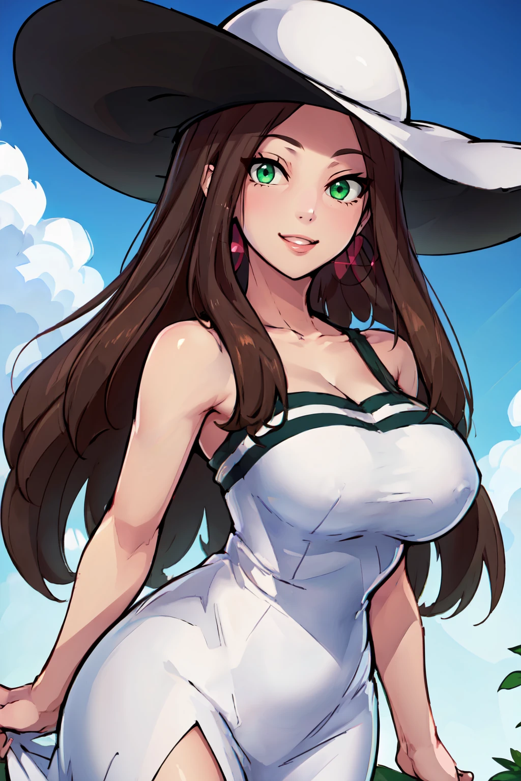 ((masterpiece,best quality)), absurdres,  BREAK, , <lora:Beauty_Pokemon:0.8>, zzBeauty, brown hair, long hair, green eyes, earrings, large breasts, white sun hat, white dress, , BREAK, hip to the side, contrapposto,, BREAK, solo, smile, looking at viewer, cowboy shot,