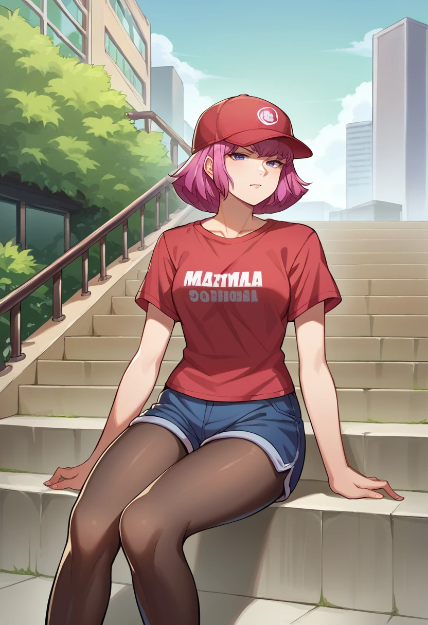 score_9, score_8_up, source_anime, 1girl, solo, HamanKarn, short hair, baseball cap, t-shirt, shorts, pantyhose under shorts, sitting, stairs, outdoors, city, <lora:ChamHamanKarnPonyXL:1>