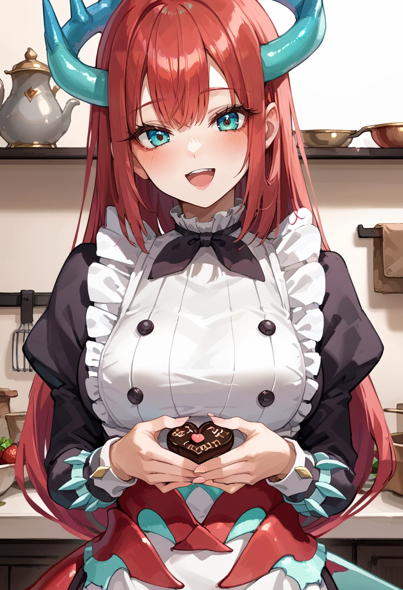 (score_9:0.9),score_8_up,score_7_up,rating_safe,anime style,(zPDXL),<lora:Kitchen Dragonmaid ponyXL v1:0.7>,kitchen dragonmaid,1girl,solo,large breasts,looking at viewer,open mouth,smile,chocolate,holding food,blush,upper body,food,maid clothes,heart,kitchen,