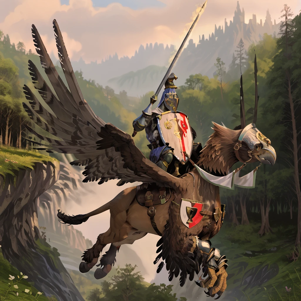 score_9, score_8_up, detailed, hires, detailed face,
sky, forest, solo,
royalhippogryphknight, flying, animal, hippogriff, feathered wings, talons, hooves, beak,
horseback riding, saddle, knight, helmet, holding shield, holding polearm, full armor,
<lora:Royal_Hippogryph_Knights_PonyXL:1>