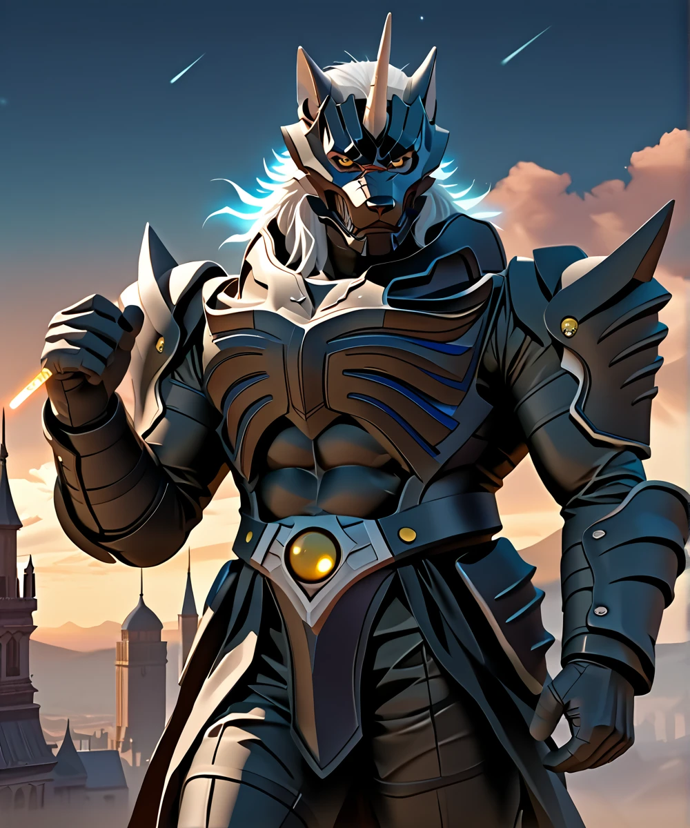 score_9_up,score_8_up,score_7_up,
<lora:Zen_Aku_(Power_Rangers_Wildforce)_(Pony)_(AD):1> Zen Aku, power rangers wildforce, evil, villain, demon, wolf, armor, wolf theme, single white horn on head, wolf themed helmet, wolf themed mask, yellow eyes, muscular, 
8K, spectacled light, In'ei, highly detailed, ominous eerie lighting, Masterpiece, best quality, beautiful details, crisp, chiaroscuro, anime style, 8K CGI anime, digital illustration, insanely detailed, digital media (artwork), internal subsurface reflections, masterclass color theory, depth of field, clear_eyes,
((perfect hands, perfect proportions, sexy hyper muscular body, cutting edge anatomy, broad shoulders, large shoulders, wide thick chest, thick upper body, large thick pecs, pectorals, collarbone, 6 abs, thick muscular neck, large biceps, thick arms, thick legs, thick thighs, peak physical perfection, perfect male physique, bara, ):1.15), 
8K, perfect proportions, perfect hands, scenery background, volumetric lighting, science fiction setting, elite warrior, cityscape, masterclass anime background, very aesthetic, dynamic pose, absolute unit of a fighter, dominating, mocking expression, powerful and unfair strikes, enjoys abusing his powers, evil, villain, overwhelming brutality, strength embodiment, power overwhelming, night, dark lord, duke org, end boss, dark background, glowing, glowing hair, soft white hair, he is intimidating yet desirable to look at, majestic, hyper powerful, masterclass anime, artistic glowing light, latex underarmor, grey fur, flawless armor, flawless body, detailed kemono hair, hulking badass monster, 
BREAK zPDXL, zPDXLxxx, unaestheticXLv1, detailxl,