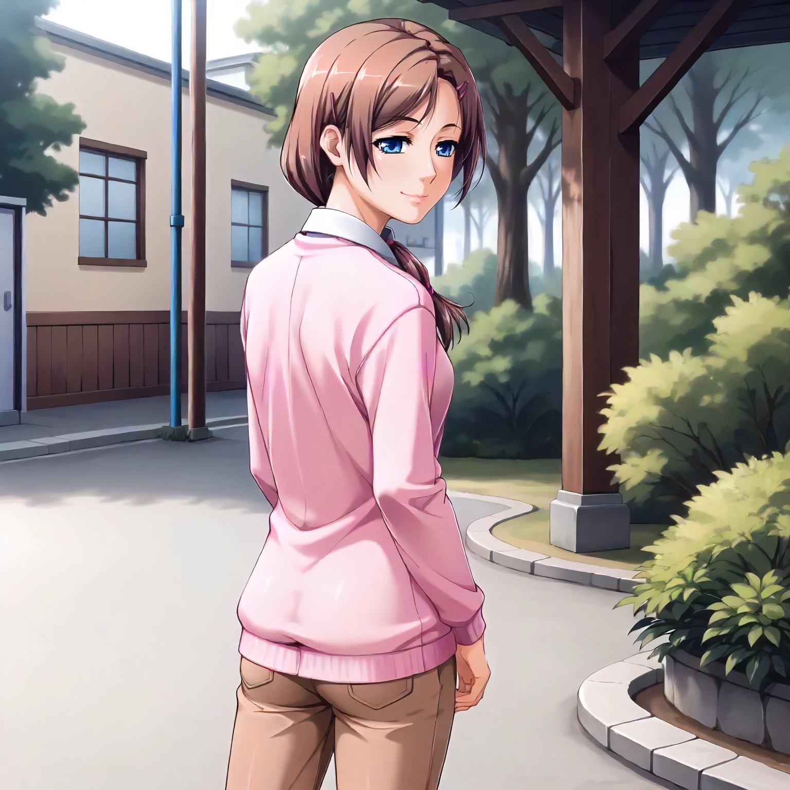 <lora:SDG_AzusaTakaiXLpony001>,
outdoors,nature,
smile,half-closed eyes,
solo,
AzusaTakai,1girl,brown hair,hairclip,low ponytail,blue eyes,
collared_shirt,pink sweater,brown pants,
ankle_boots,
standing,looking back,