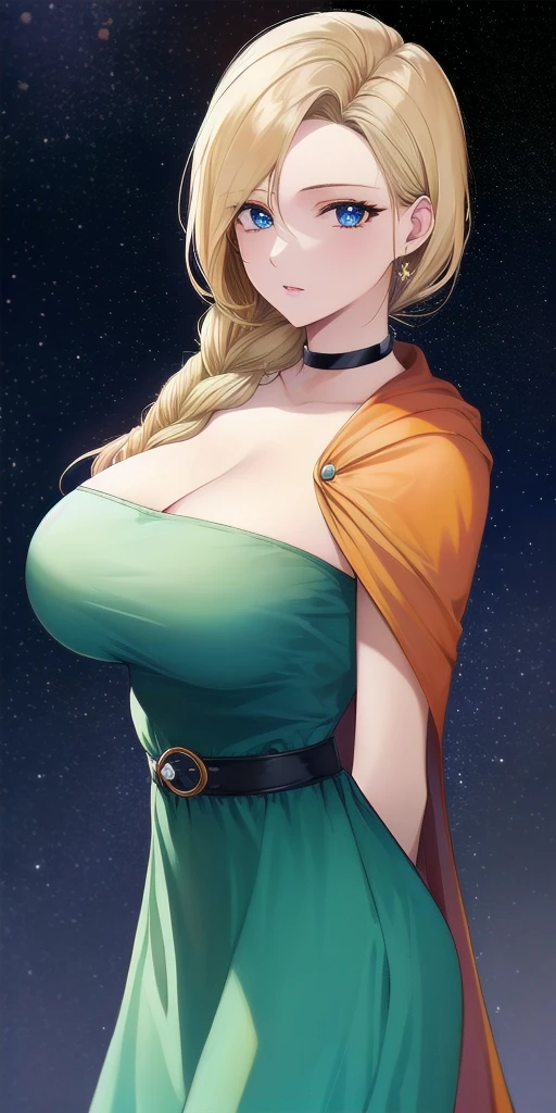 <lora:BiancaWhitakerV5:0.7> Bianca_Whitaker_single_braid, huge_breasts, standing, solo, arms_behind_back,  starry_sky, green_strapless_short_dress_orange_cape_belt_choker, masterpiece, best_quality, detailed_face, detailed_eyes, highres, beautiful, detailed, absurdres,