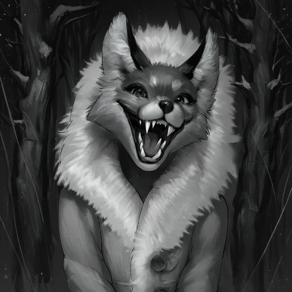 score_9, score_8_up, score_7_up, score_6_up, score_5_up, furry, 1girl, monochrome, looking at viewer, upper body, open mouth, fangs, tail, smile, animal, tree, solo, sharp teeth, full body, arms across the chest, coat