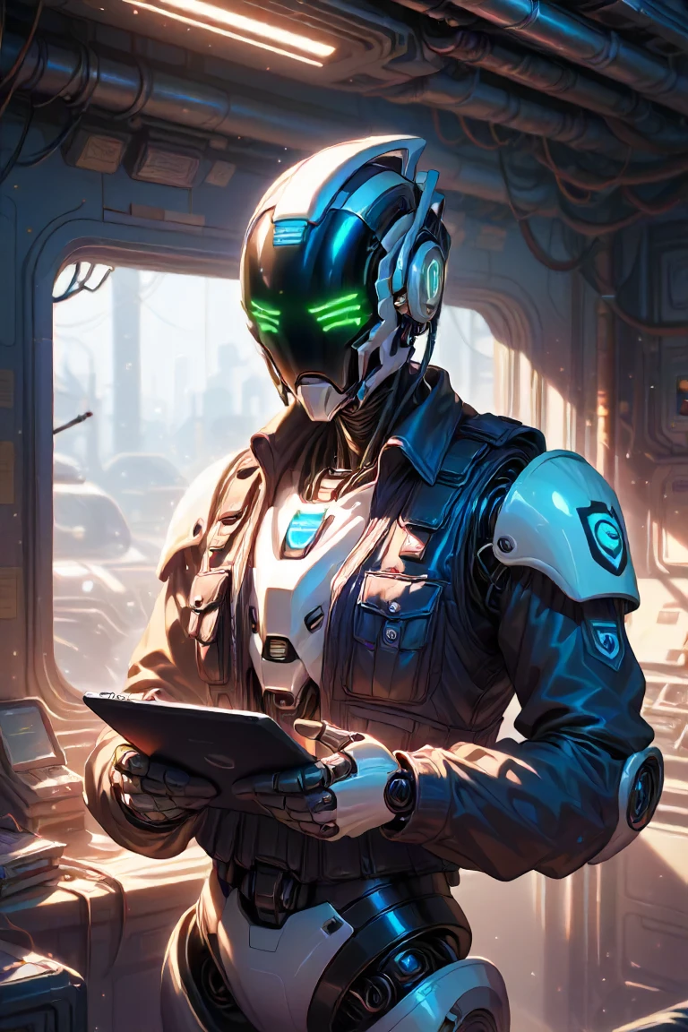 Score_9, Score_8_up, Score_7_up, volumetric_lighting, chiaroscuro_lighting, shaders, 1man, solo,  robot, sci-fi, screen-face, helmet, (armor, police, kevlar_vest), holding_a_tablet, thriller-theme, interior, inspecting, bored, embedded:detailxl,

