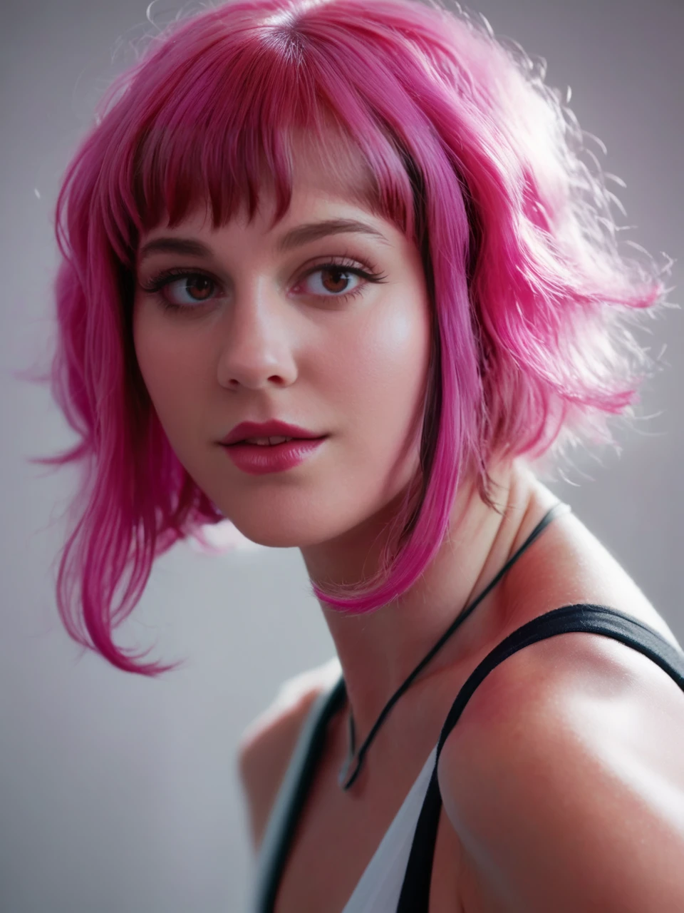 realistic<lora:melwinstead_v1.7_everclear:1>(melwinstead:1.4),bangs,pink hair,
dynamic pose,dynamic angle, best quality,masterpiece,, realistic,cinematic,score_9, score_8_up, score_7_up,