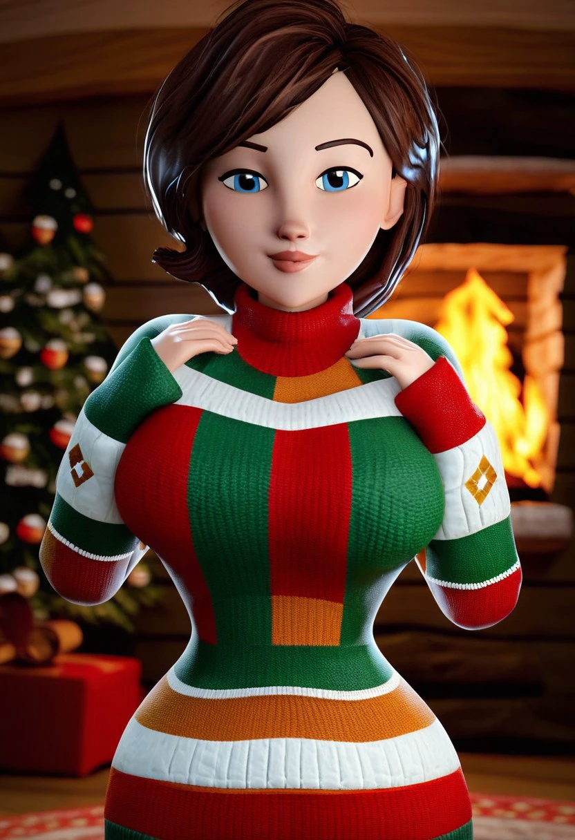 @smittt34, Smitty34 \(Artist\), 1girl, solo, portrait shot, looking at viewer, blue eyes, long brown hair, Christmas sweater, background: indoors, winter log cabin with a burning fire place, Christmas tree