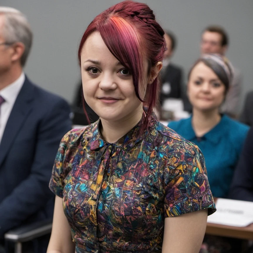 a professional absurdres hyper-detailed sharp focus photograph of 1woman 
Kathryn_Prescott with a gentle smile but teasingly sticking out her tongue, wearing a fractal print dress
braided multicolored hair,
Standing at the end of a boardroom table in a conference room filled with people who don't look like they know what's going on, 
<lora:Kathryn_Prescott-SDXLe12:1.0>