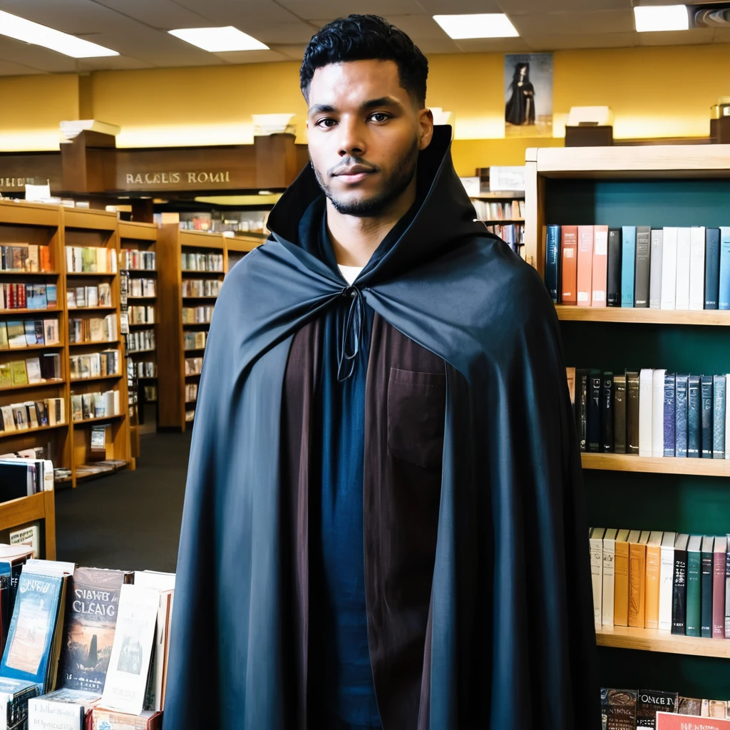 photo of a man,r0m3, wearing a cloak, at a bookstore, looking at viewer,  <lora:romeflym:.9>