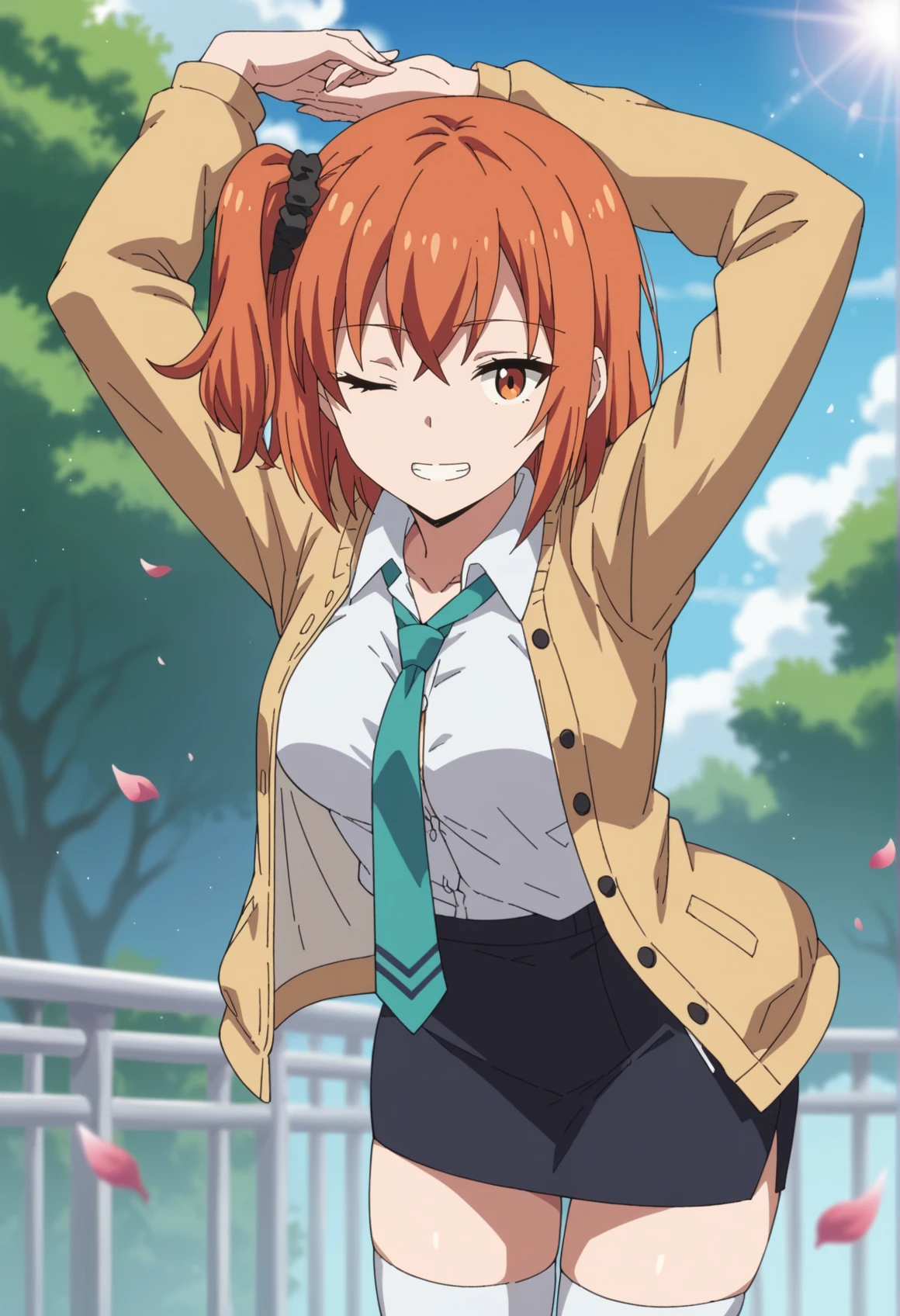 1girl, aqua necktie, arm behind head, arms up, black skirt, scrunchie, blue background, orange eyes, blue sky, blurry, breasts, bush, buttons, cleavage, cloud, collarbone, collared shirt, cowboy shot, day, depth of field, dutch angle, falling petals, glint, hair intakes, half-closed eye, happy, jacket, leaning forward, lens flare, long sleeves, looking at viewer, medium breasts, miniskirt, necktie, one eye closed, open clothes, open jacket, outdoors, parted lips, pencil skirt, petals, railing, orange hair, school uniform, shirt, shirt tucked in, short hair, sidelocks, skirt, sky, smile, solo, standing, stretching, teeth, thighhighs, thighs, undone necktie, white shirt, white thighhighs, yellow jacket, zettai ryouiki, blurry, side ponytail,    <lora:Carnival:1>, score_9, score_8_up, score_7_up, score_6_up, score_5_up, score_4_up, BREAK source_anime, masterpiece