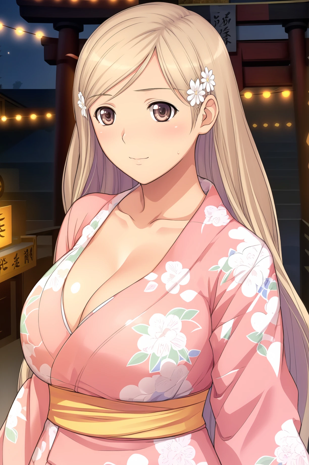 Night, store, lights,starry sky, summer festival, 
dynamic pose,standing at attention,
Pink kimono, japanese clothes, long sleeves, wide sleeves, collarbone, cleavage, floral print, 
<lora:Rika_Hayama_Fault-KK77-V1:0.7>,
brown eyes, blonde hair, bangs,Long hair,Makeup, red lipstick, hair ornament, hair flower,
<lora:more_details:0.1>,<lora:NovelAI_YesMix5_KKStyle-KK77-Yes5-V1:0.3>,<lora:Oda_Non_Style2-KK77-Yes5-V1:0.3>,
1 girl, 20yo,Young female,Beautiful long legs,Beautiful body,
Beautiful Nose,Beautiful character design, perfect eyes, perfect face,expressive eyes,perfect balance,
looking at viewer,(Focus on her face),closed mouth, (innocent_big_eyes:1.0),(Light_Smile:0.3),
official art,extremely detailed CG unity 8k wallpaper, perfect lighting,Colorful, Bright_Front_face_Lighting,White skin,
(masterpiece:1.0),(best_quality:1.0), ultra high res,4K,ultra-detailed,
photography, 8K, HDR, highres, absurdres:1.2, Kodak portra 400, film grain, blurry background, bokeh:1.2, lens flare, (vibrant_color:1.2),professional photograph,
(Beautiful,large_Breasts:1.4), (beautiful_face:1.5),(narrow_waist),