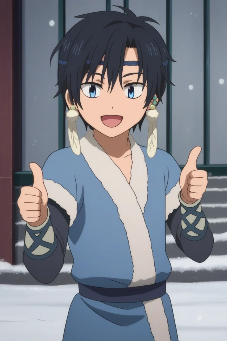 score_9, score_8_up, score_7_up, score_6_up, masterpiece, best quality, amazing quality, best aesthetic, absurdres, intricate details,
hak_kd, black hair, blue eyes, 1boy, male focus, solo, earrings, jewelry, open mouth, headband, smile, fur trim, thumbs up,snowing<lora:EMS-452661-EMS:1.000000>