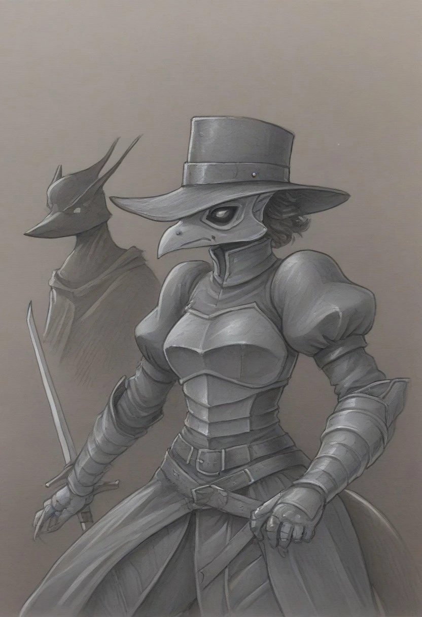 evang , gargoyles_comic, 1girl, sepia, monochrome, traditional media, brown theme, hat, armor, 1girl, puffy sleeves, sketch, textured background, plague doctor, mask, landsknecht, weapon, sword, hat, armor, 1girl, puffy sleeves,