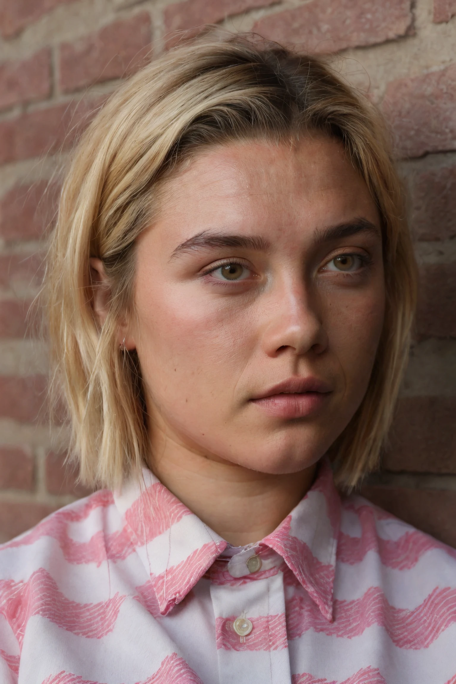 1girl, portrait of a woman in red checkered shirt, brick wall backdrop, pixie cut, detailed face, (photorealistic, absurdres, best quality, masterpiece:1.4), (high detailed skin:1.3)
<lora:florence_pugh_lora_v01:1> flo96, blonde hair