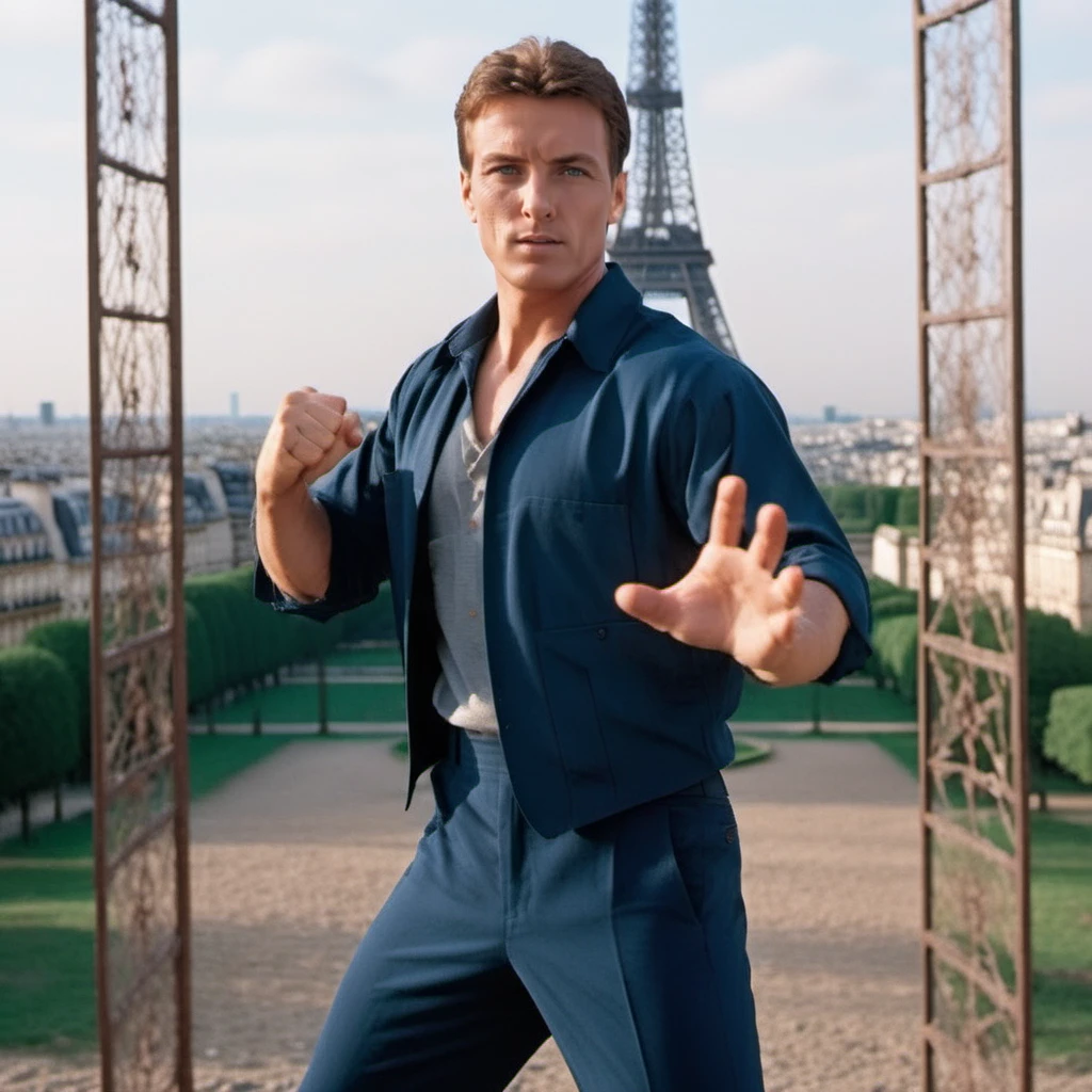 cinematic photo a full body portrait of a man, wears 90s style suit, fight poses, in paris, eiffel tower, daylight <lora:JohnnyCage1995-1024:0.8> . 35mm photograph, film, bokeh, professional, 4k, highly detailed