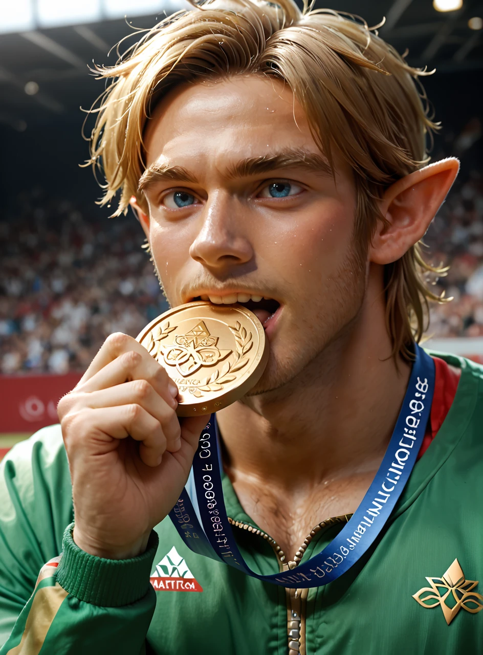score_9, score_8_up, score_7_up, link, biting Olympic medal, holding medal, <lora:olimedbitepxl:0.9>, olimedbitepxl, 1man, closeup, focus on face, best quality, masterpiece, pointy ears, green tracksuit,  the legend of zelda,