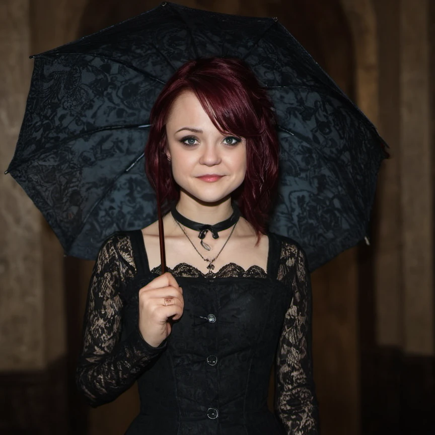 a professional absurdres hyper-detailed sharp focus photograph of 1woman 
Kathryn_Prescott with a gentle smile standing in an electrical storm on the deck of a cruise ship holding an umbrella which is a really bad idea,
(In a dark, black gothic vintage-inspired dress of deep burgundy lace, paired with Victorian-style boots and a choker necklace, complemented by dark, dramatic makeup and a mysterious expression, for a haunting and gothic look), (In a shadowy, eerie mansion filled with flickering candlelight and unsettling decor, where the air is thick with suspense and the whispers of dark secrets, a sense of dread and otherworldly tension permeates the chilling atmosphere), (haunting), (analog, cinematic, deep shadows, eerie focus, cinematic shot), bright blue eyes, perfect eyes, beautiful highly detailed realistic blue eyes, 
<lora:Kathryn_Prescott-SDXLe12:1.0>