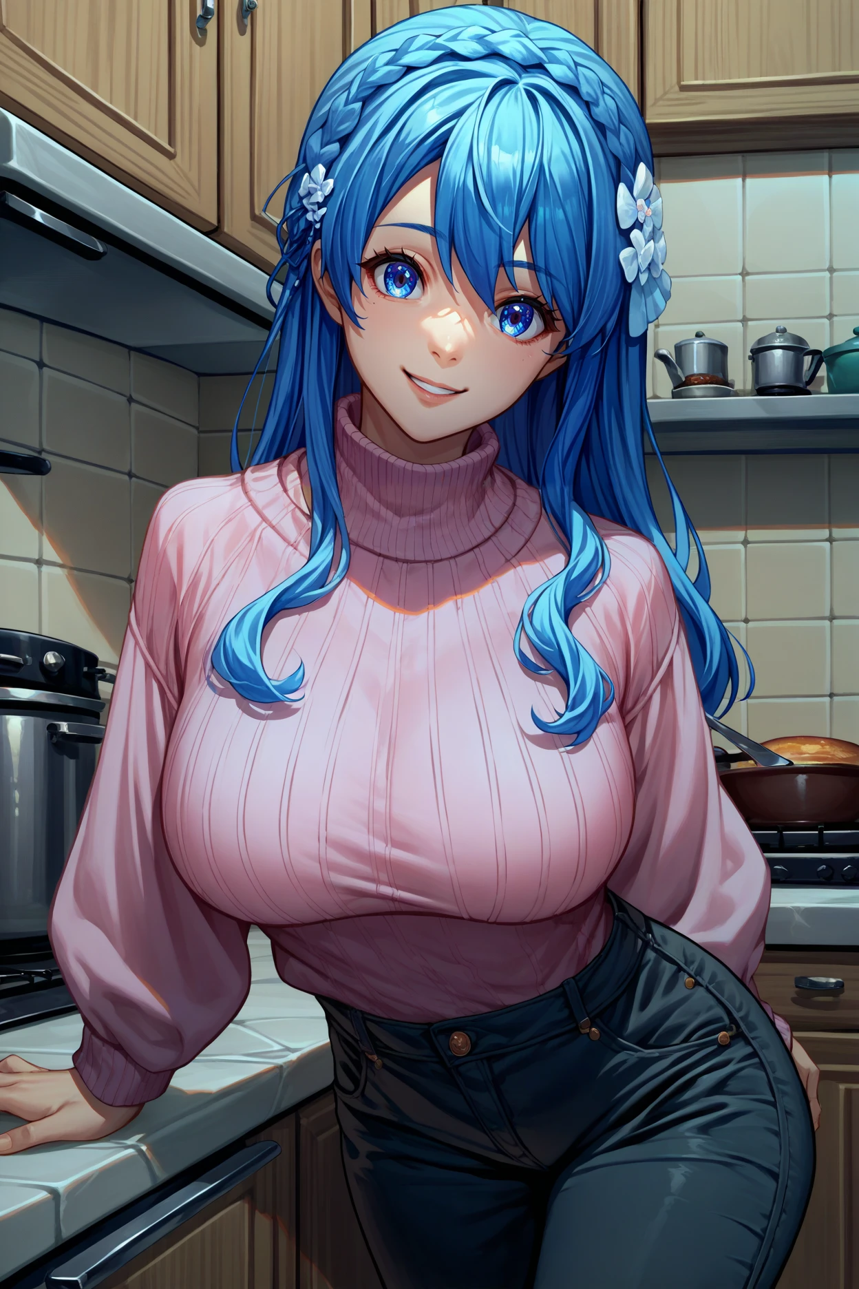 masterpiece，highest quality，One girl、Mature Woman:1.3、Married Woman、Huge breasts:1.5、Long Breasts:1.3、smile、Long blue hair、White rabbit ears on head、Human Ear、Heart symbol、Blue and white braided side tail、Shooting from the side、Naked Apron、White apron、kitchen、Cooking in the kitchen