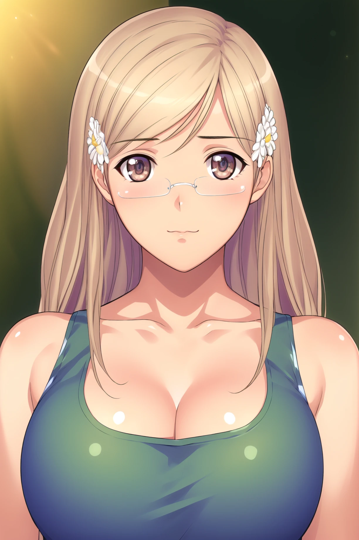 Simple Background,Green_Background,
dynamic pose,standing at attention,
sleeveless Dress,Green Dress, collarbone, cleavage, bare shoulders, 
<lora:Rika_Hayama_Fault-KK77-V1:0.7>,rimless eyewear, 
brown eyes, blonde hair, bangs,Long hair,Makeup, red lipstick, hair ornament, hair flower,
<lora:more_details:0.1>,<lora:NovelAI_YesMix5_KKStyle-KK77-Yes5-V1:0.3>,<lora:Oda_Non_Style2-KK77-Yes5-V1:0.3>,
1 girl, 20yo,Young female,Beautiful long legs,Beautiful body,
Beautiful Nose,Beautiful character design, perfect eyes, perfect face,expressive eyes,perfect balance,
looking at viewer,(Focus on her face),closed mouth, (innocent_big_eyes:1.0),(Light_Smile:0.3),
official art,extremely detailed CG unity 8k wallpaper, perfect lighting,Colorful, Bright_Front_face_Lighting,White skin,
(masterpiece:1.0),(best_quality:1.0), ultra high res,4K,ultra-detailed,
photography, 8K, HDR, highres, absurdres:1.2, Kodak portra 400, film grain, blurry background, bokeh:1.2, lens flare, (vibrant_color:1.2),professional photograph,
(Beautiful,large_Breasts:1.4), (beautiful_face:1.5),(narrow_waist),