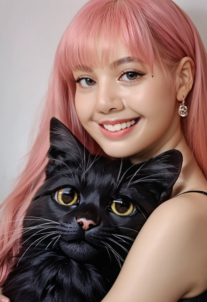 Blackpink Lisa, pink hair, cuddling with a cat, smiling