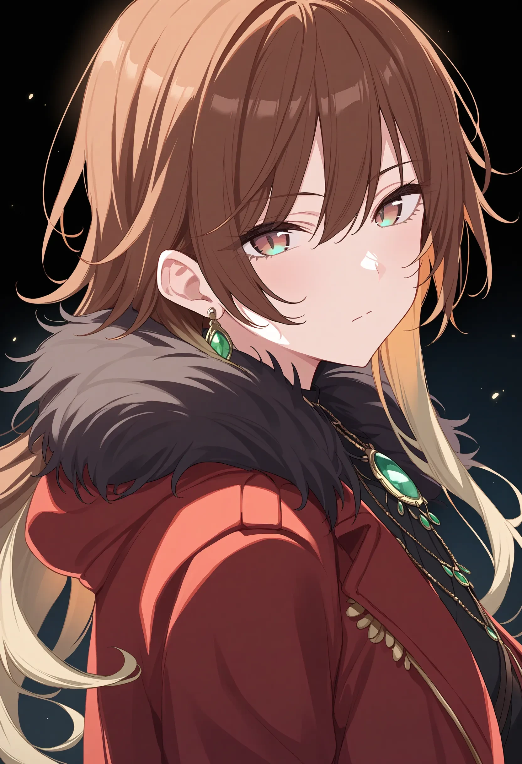 m_aketa, score_9, best quality,
1girl, solo, from side, jewelry, earrings, looking at viewer, multicolored hair, blonde hair, necklace, brown hair, gradient hair, green gem, long hair, red jacket, fur trim, brown eyes, bangs, hair between eyes, blurry, frills, expressionless, gradient eyes, multicolored eyes, black background
<lora:m_aketaXL_pony:1>