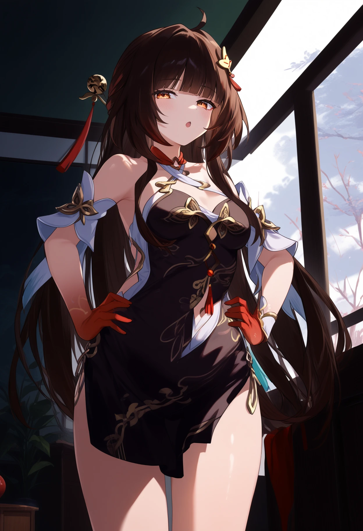 score_9, score_8_up, score_7_up, source_anime,
BREAK 
1girl, solo, <lora:lingshaFinal:1.0>, shlingsha, long hair, bangs, hair ornament, breasts, bare shoulders, china dress, chinese clothes, panties, jewelry, clothing cutout, red gloves, red eyes, brown hair, black dress, 
looking at viewer, half-closed eyes, open mouth, leaning forward, standing, hands on hips, thick thighs, indoors,