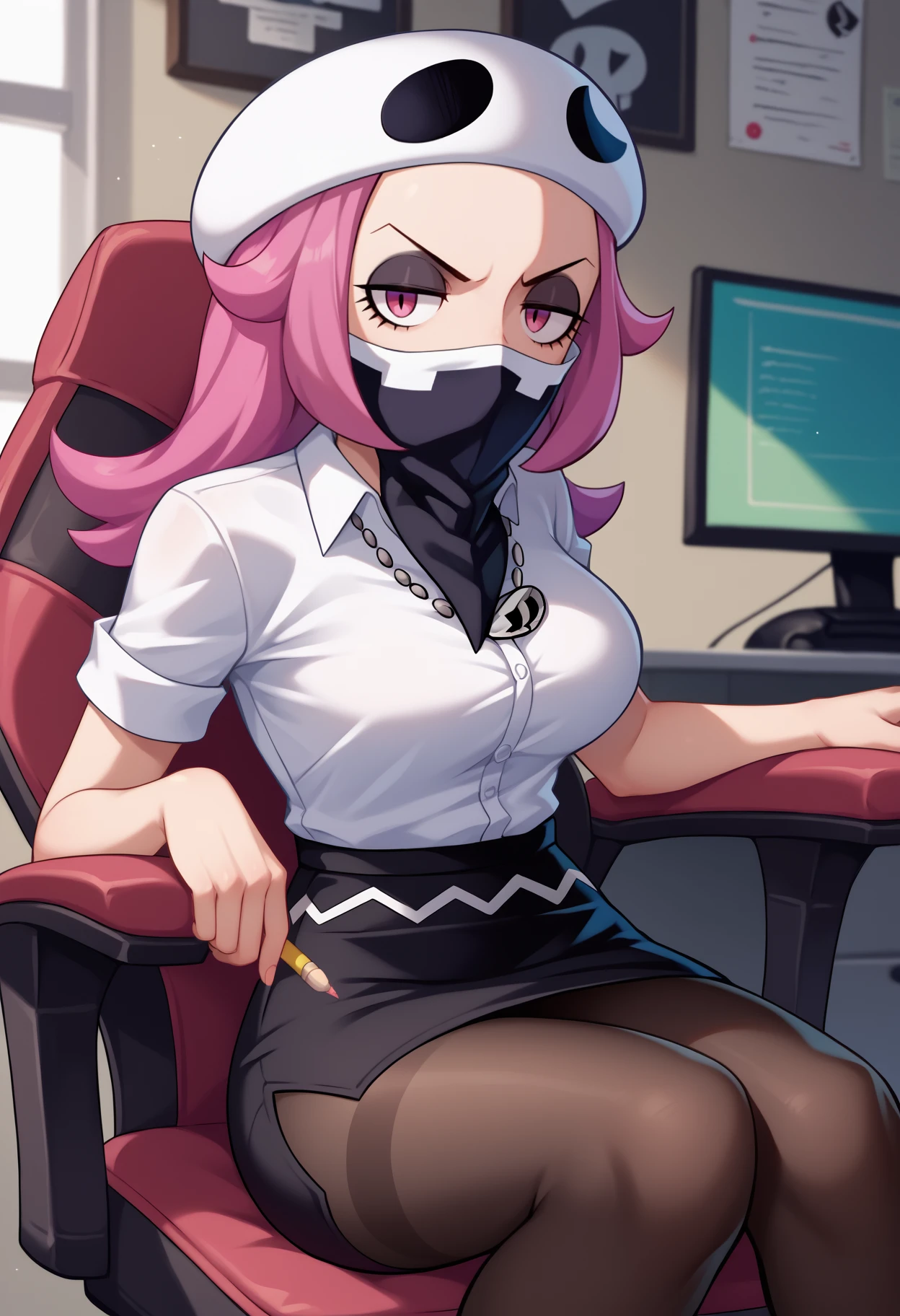 score_9, score_8_up, score_7_up, source_anime, solo, 1girl, femskullgrunt, makeup, eyeshadow, looking at you, sitting, swivel chair, long hair, team skull, white headwear, hat, bandana, covered mouth, white shirt, collared shirt, black skirt, pencil skirt, black pantyhose, indoors, office <segment:yolo-face_yolov8m.pt,0.4,0.5>