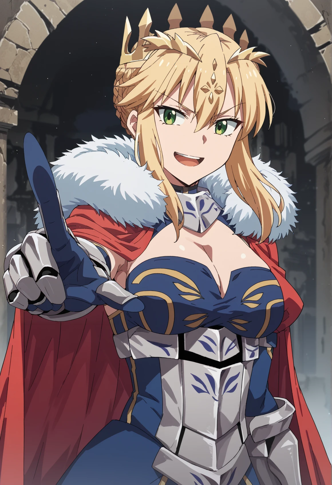 1girl, long hair, blonde hair, green eyes, sidelocks, single hair bun, french braid, crown, leotard, cleavage, thighhighs, elbow gloves, gauntlets, greaves, red cape, fur-trimmed cape, serious, pointing at viewer,  cowboy shot, ruins, , smile, open mouth, tilt head <lora:titoria:0.8> <lora:Carnival:1>, score_9, score_8_up, score_7_up, score_6_up, score_5_up, score_4_up, BREAK source_anime, masterpiece