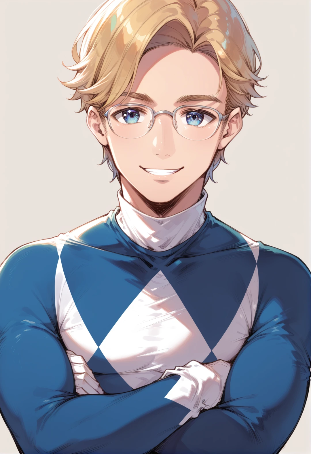 (score_9:0.9),score_8_up,score_7_up,rating_safe,anime style,(zPDXL),<lora:Blue Power Ranger ponyXL v2.1:0.73>,1boy, blonde hair, smile, blue eyes, glasses, billy cranston, grey background, solo, white gloves, looking at viewer, simple background, upper body, blue bodysuit, short hair,  blue power ranger, crossed arms,